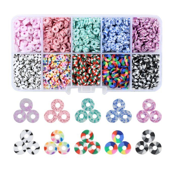 Perles Heishi en pâte polymère 6x1mm (x1 kit )  10 couleurs / 200 perles par couleur