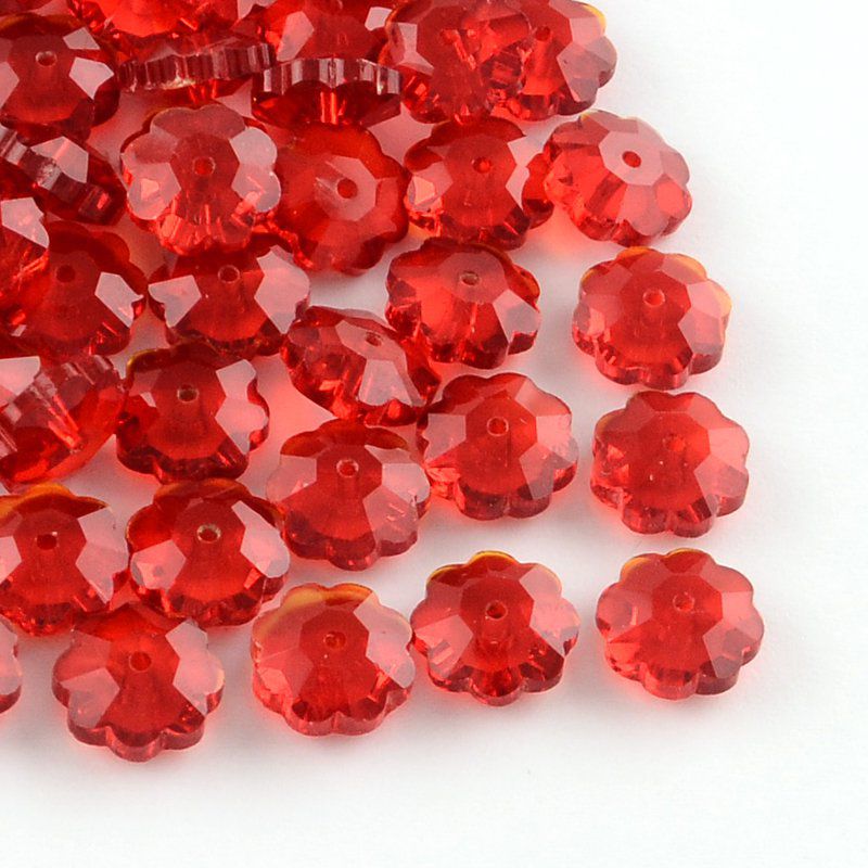 Perle de verre facettée forme marguerite 9.5-10x4mm couleur rouge