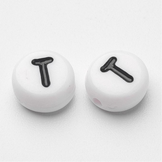 Perle alphabet en acrylique opaque  rond plat  noir /blanc lettre T