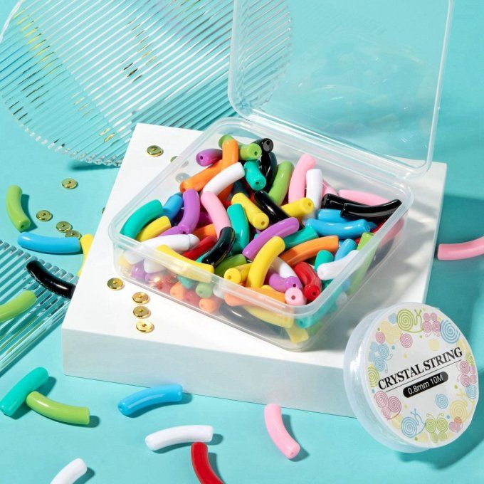 Kit de perles en acrylique  ,en forme de tubes courbés ,mélanges de couleurs