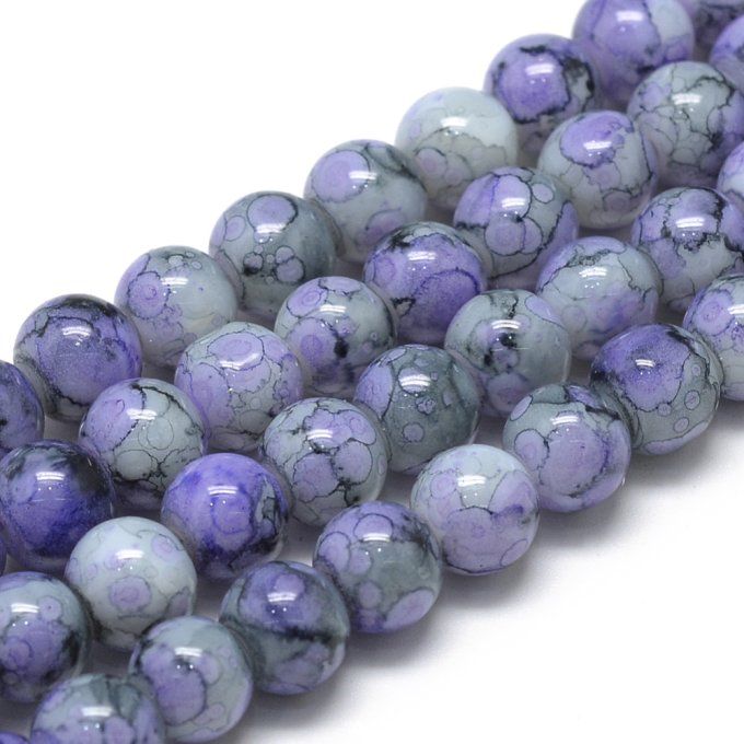 Perles en verre , rondes , colorées , 8-8.5 mm  motif sur fond bleu ardoise (x10)