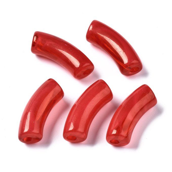 Perle acrylique transparente en forme de tube incurvé  34.5x13x11mm  couleur rouge