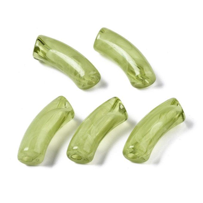 Perle acrylique transparente en forme de tube incurvé  34.5x13x11mm  couleur vert olive