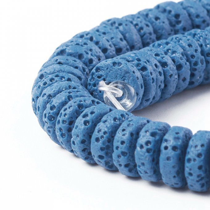 Perles en pierre de lave naturelle colorée forme rond-plat 8x3-4mm bleu acier (x10)