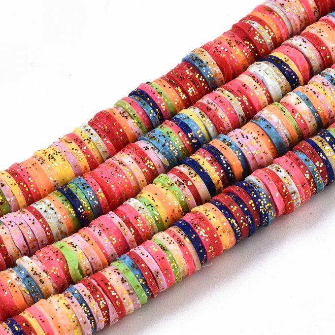 Perles Heishi en pâte polymère 6x1mm (x1 chapelet) mélange de couleurs ,pailletées
