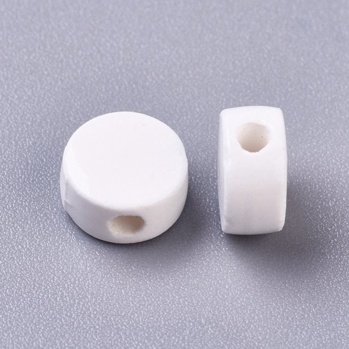 Perle en céramique en forme de rond-plat 8x4.5mm blanc crème  