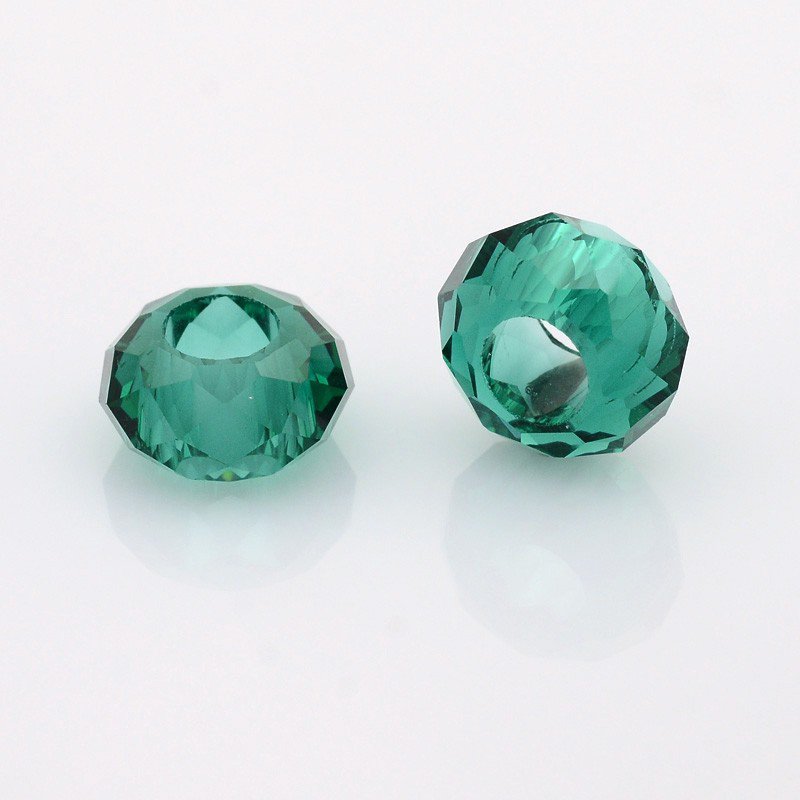 Perle de verre facettée forme rondelle avec grand trou 14x8mm vert sarcelle