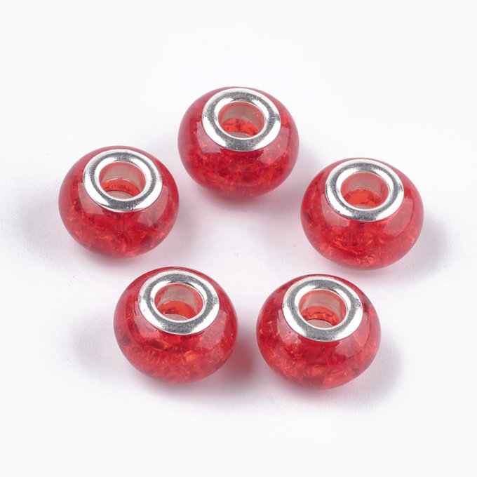 3 Perles Européennes résine  aspect craquelée couleur rouge