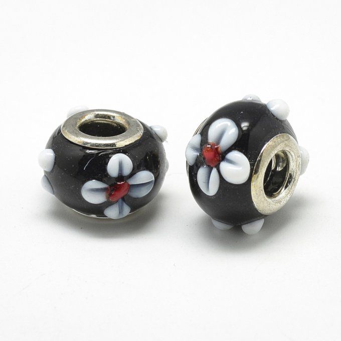 Perle Européenne en lampwork Ø16mm couleur noire ,fleurs blanches