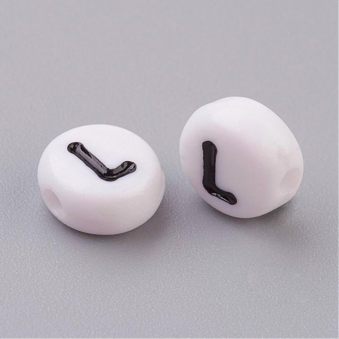 Perle alphabet en acrylique opaque  rond plat  noir /blanc lettre L
