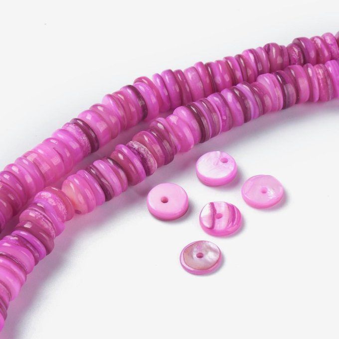 Mélange de perles en coquillage naturel ,8-8.5x1-3mm,rond-plat,  couleur orchidé  (1 chapelet)  