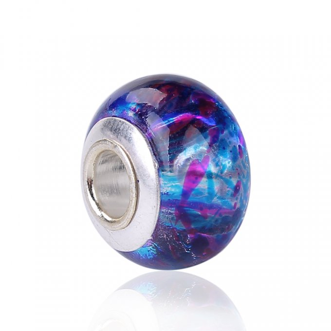 Perle Européenne en verre Ø14x9mm transparent violet et bleu