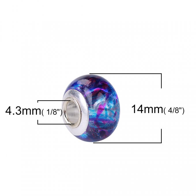 Perle Européenne en verre Ø14x9mm transparent violet et bleu