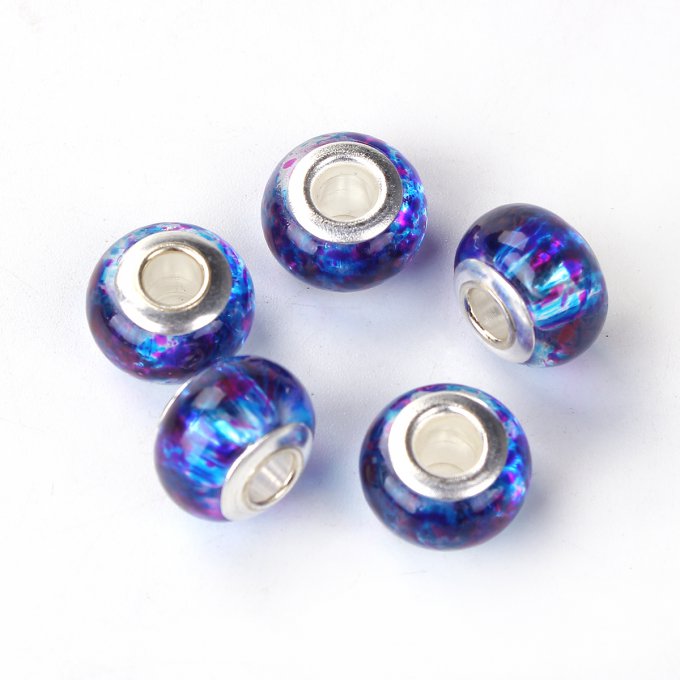 Perle Européenne en verre Ø14x9mm transparent violet et bleu