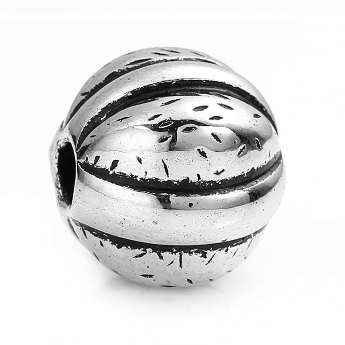 Perle métallique ronde forme citrouille, argent antique