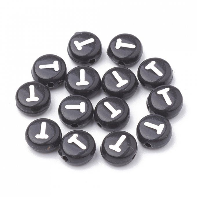 Perle alphabet en acrylique opaque  rond plat  blanc /noir lettre T
