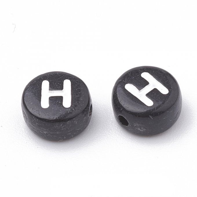 Perle alphabet en acrylique opaque  rond plat  blanc /noir lettre H