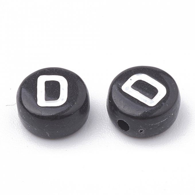 Perle alphabet en acrylique opaque  rond plat  blanc /noir lettre D