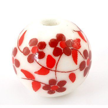 Perle en céramique blanche ,Ø 12mm fleurs rouges 