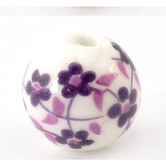 Perle en céramique blanche ,Ø 12mm fleurs violettes