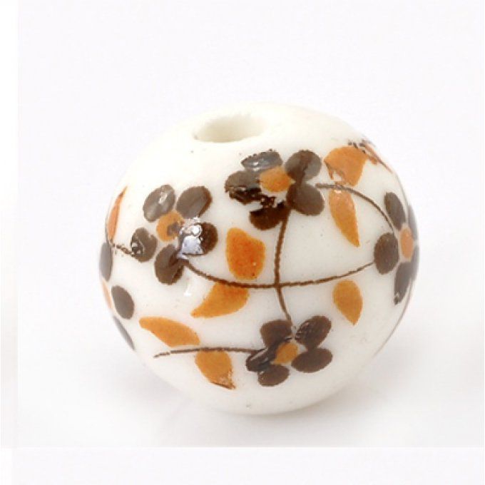 Perle en céramique blanche ,Ø 12mm fleurs marrons