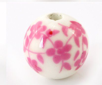 Perle en céramique blanche ,Ø 12mm fleurs roses