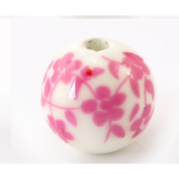 Perle en céramique blanche ,Ø 12mm fleurs roses
