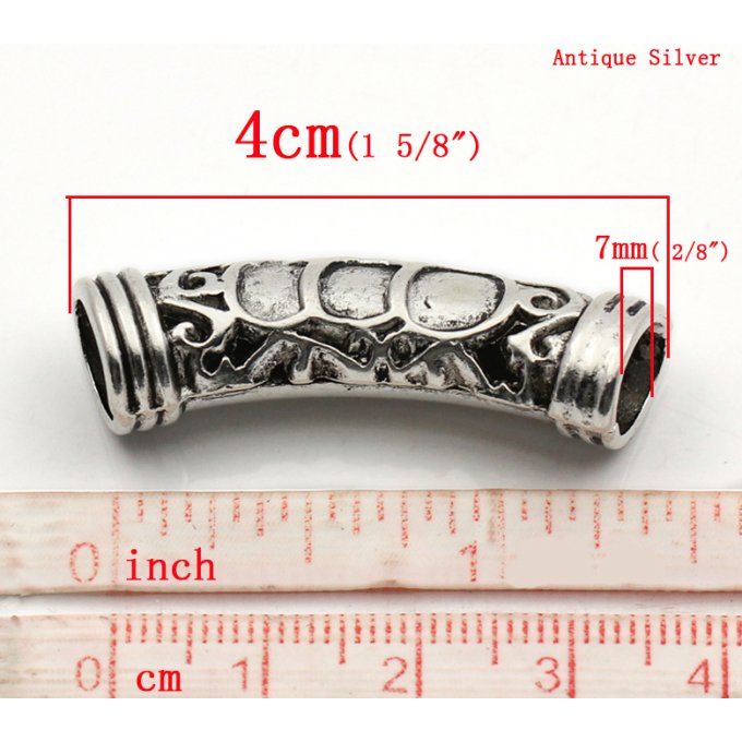 Perle métallique  forme tube, argent antique