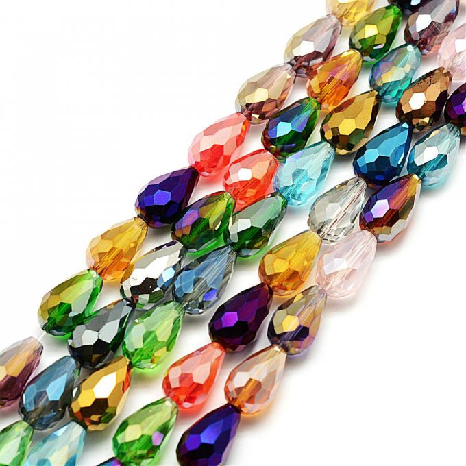 Perles de verre facettées en forme de gouttes 15x10mm mélanges de couleurs (1 chapelet AC)
