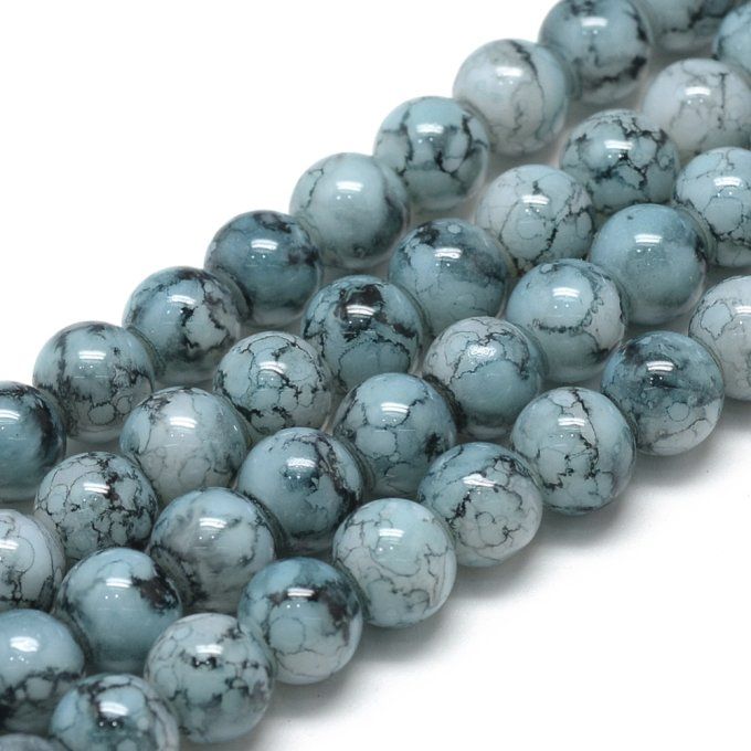 Perles en verre , rondes , colorées , 8-8.5 mm  motif sur fond bleu cadet (x10) 