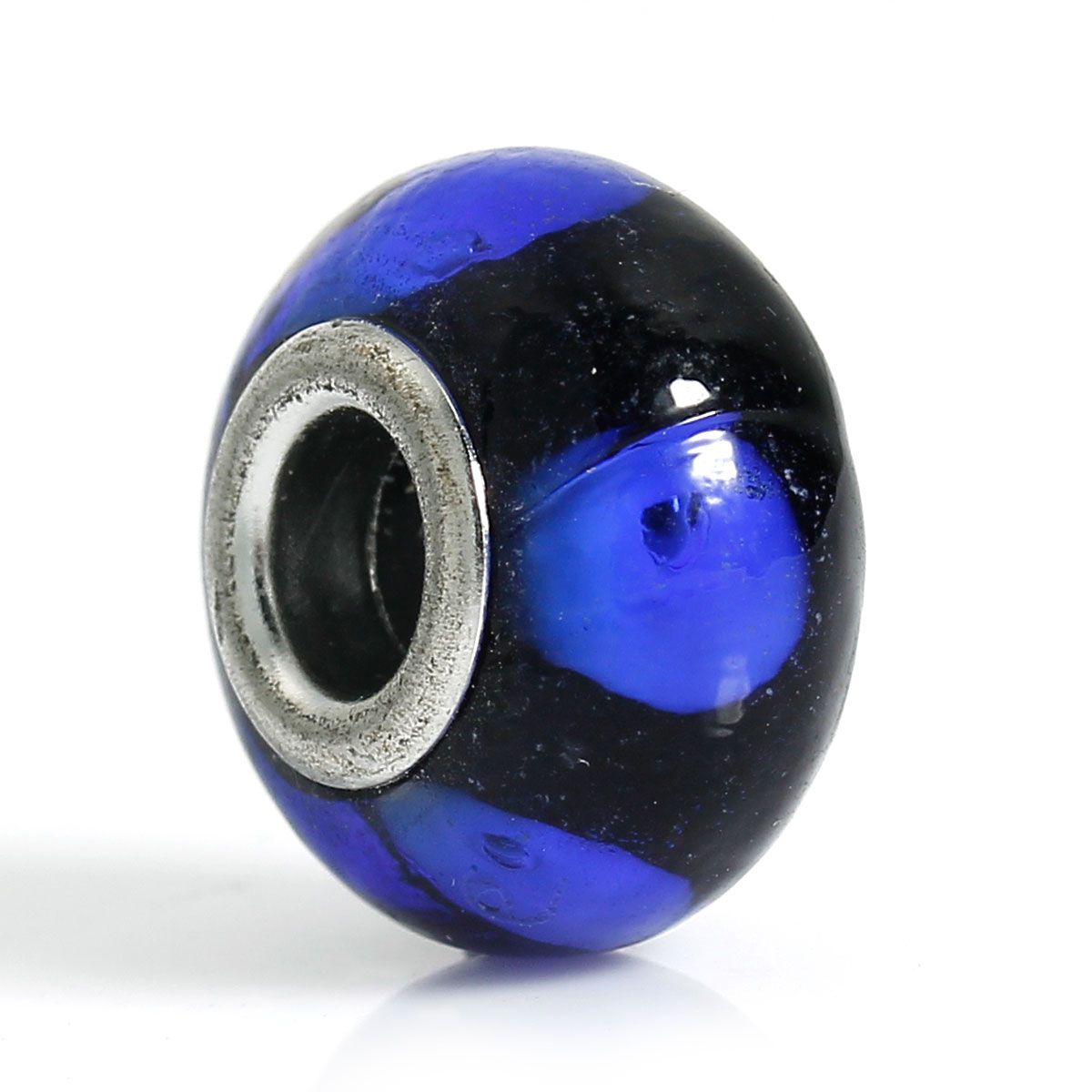 Perle Européenne en verre Ø14x9mm transparent bleu et noir