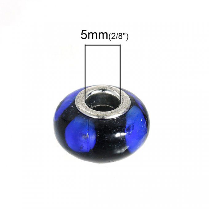 Perle Européenne en verre Ø14x9mm transparent bleu et noir