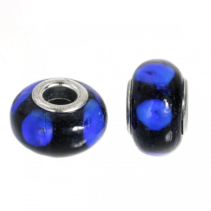 Perle Européenne en verre Ø14x9mm transparent bleu et noir