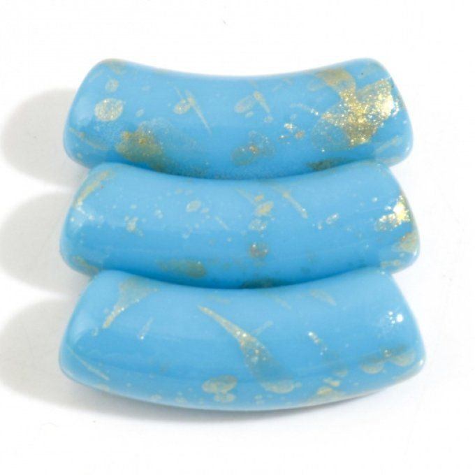 Perle acrylique en forme de tube incurvé opaque ,effet pailleté or ,30x11mm couleur bleu ciel