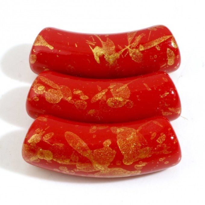 Perle acrylique en forme de tube incurvé opaque ,effet pailleté or ,30x11mm couleur rouge 