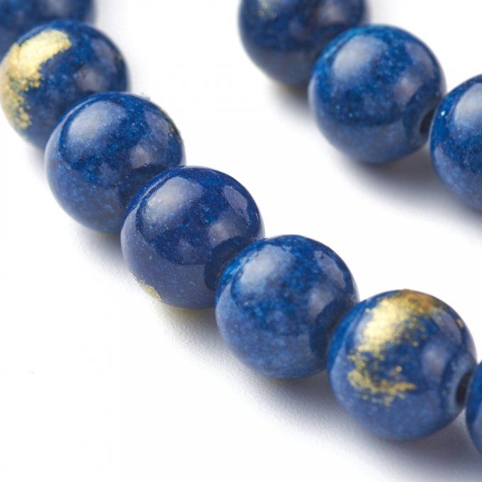 Perle ronde en jade naturelle  , feuille d'or  Ø8mm , coloré bleu