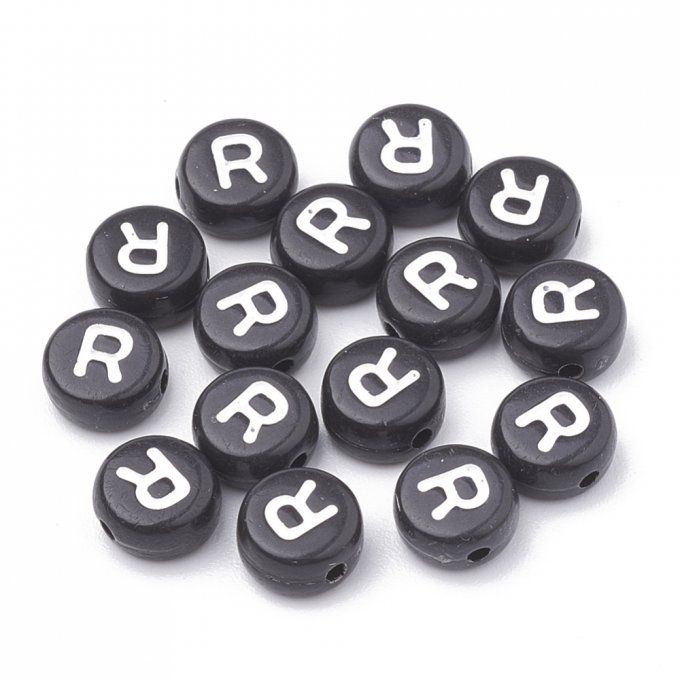 Perle alphabet en acrylique opaque  rond plat  blanc /noir lettre R