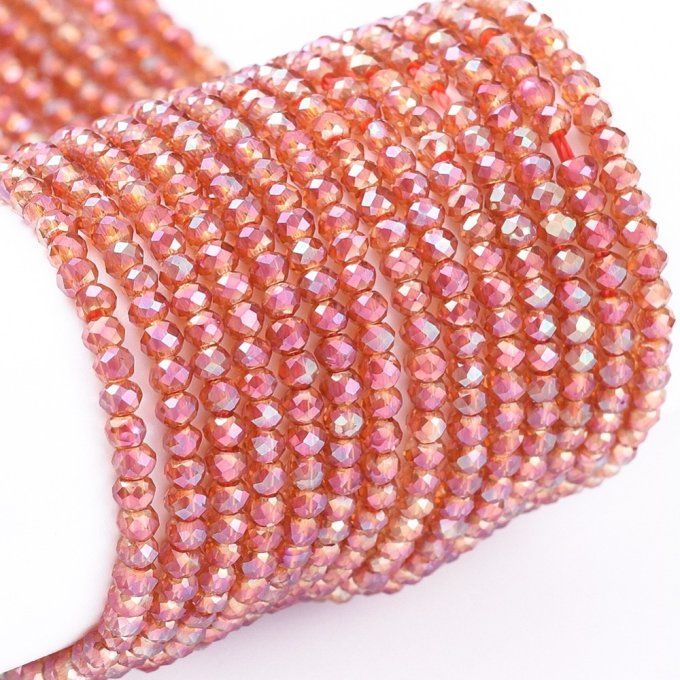 Perles facettées,forme  rondelle  2x1.5mm reflet arc en ciel couleur corail  (1 chapelet)