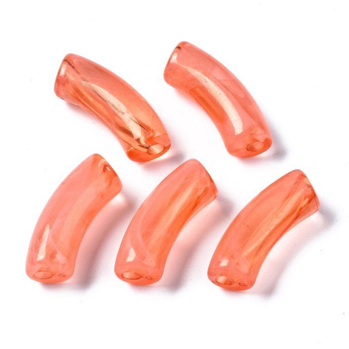 Perle acrylique transparente en forme de tube incurvé  34.5x13x11mm  couleur saumon foncé