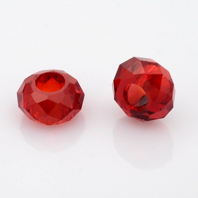 Perle de verre facettée forme rondelle avec grand trou 14x8mm rouge clair