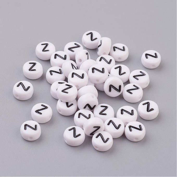 Perle alphabet en acrylique opaque  rond plat  noir /blanc lettre Z