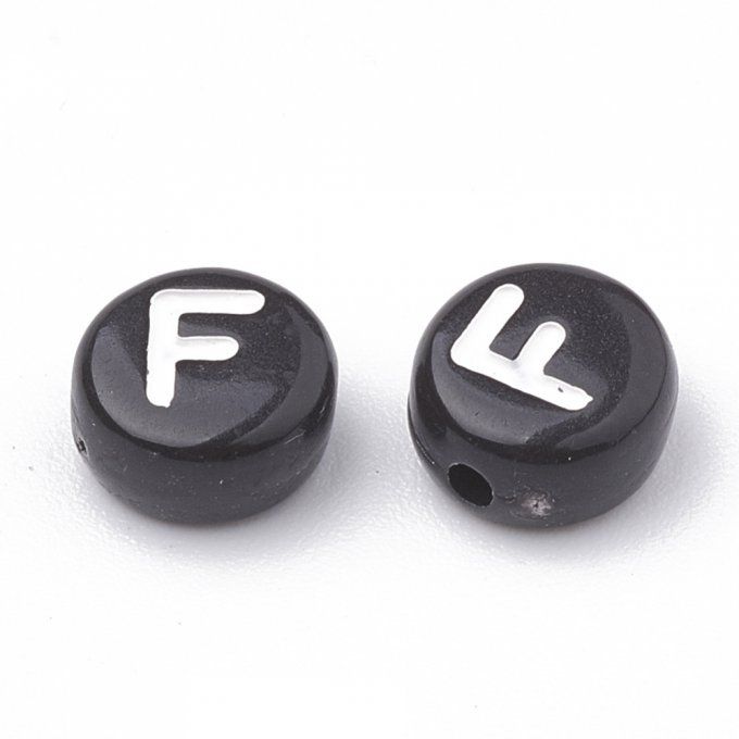 Perle alphabet en acrylique opaque  rond plat  blanc /noir lettre F