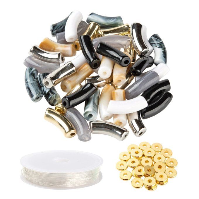Kit  de perles en forme de tubes courbés ,mélanges de couleurs, fil élastique et intercalaires