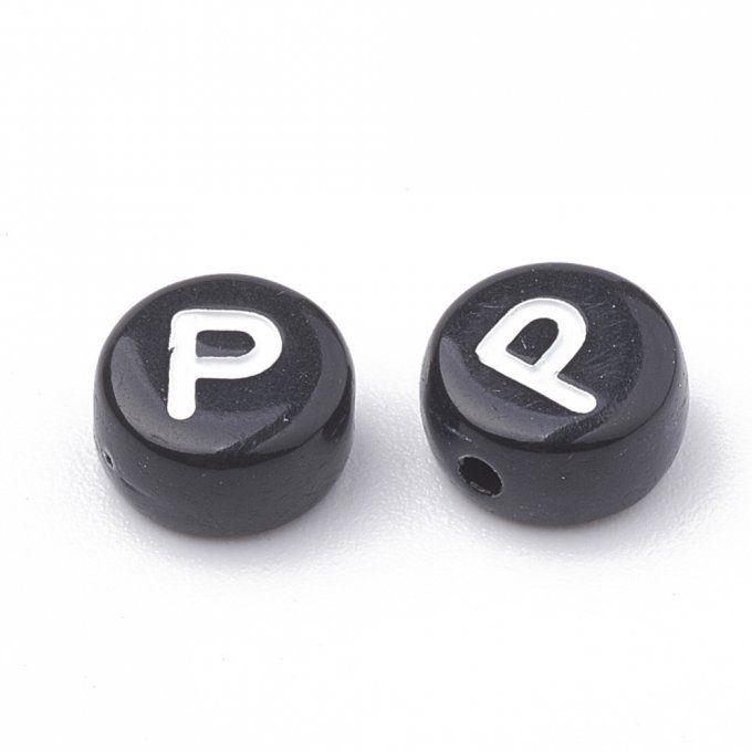 Perle alphabet en acrylique opaque  rond plat  blanc /noir lettre P