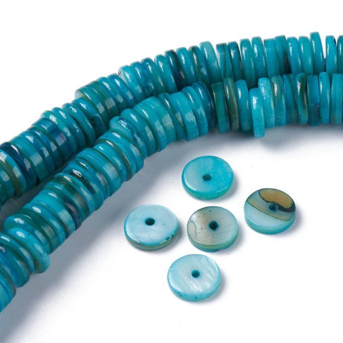 Mélange de perles en coquillage naturel ,8-8.5x1-3mm,rond-plat,  couleur turquoise  (1 chapelet) 