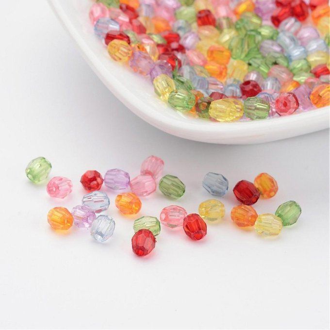 Perles en acrylique transparente ,mélange de couleurs,facettes  ,forme double cône (50g) A16