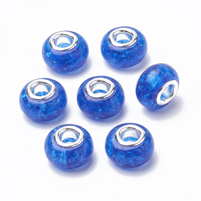 3 Perles Européennes résine  aspect craquelée couleur bleu