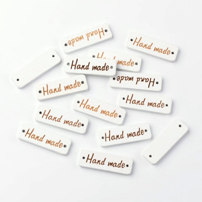 10 étiquettes bois  forme "rectangle" "Hand made"   blanc