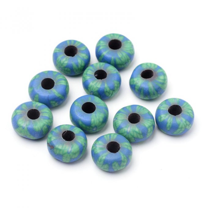 Perle en pâte polymère Ø15x8mm bleu et vert 