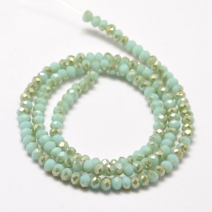 Perles facettées,forme abaque 4x3mm imitation jade,reflets métalliques aigue-marine (x50)